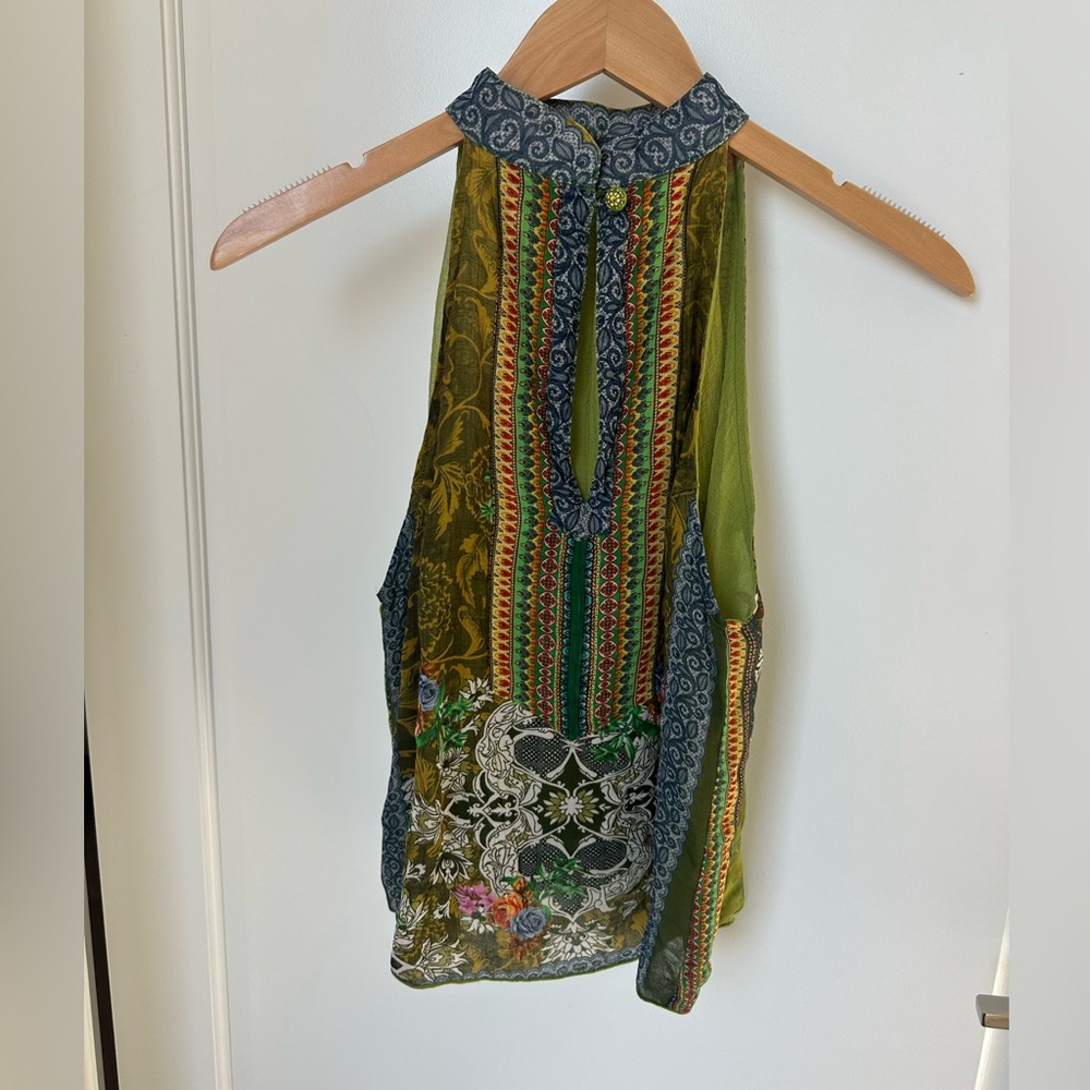 Unique green top, flowy, xs